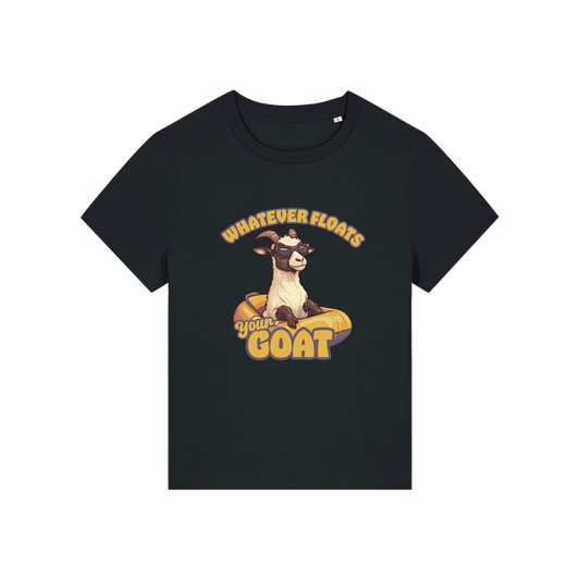black funny animal t-shirt with the graphic of a goat in a dinghy and the slogan 'whatever floats your goat'