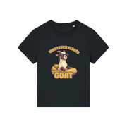 black funny animal t-shirt with the graphic of a goat in a dinghy and the slogan 'whatever floats your goat'
