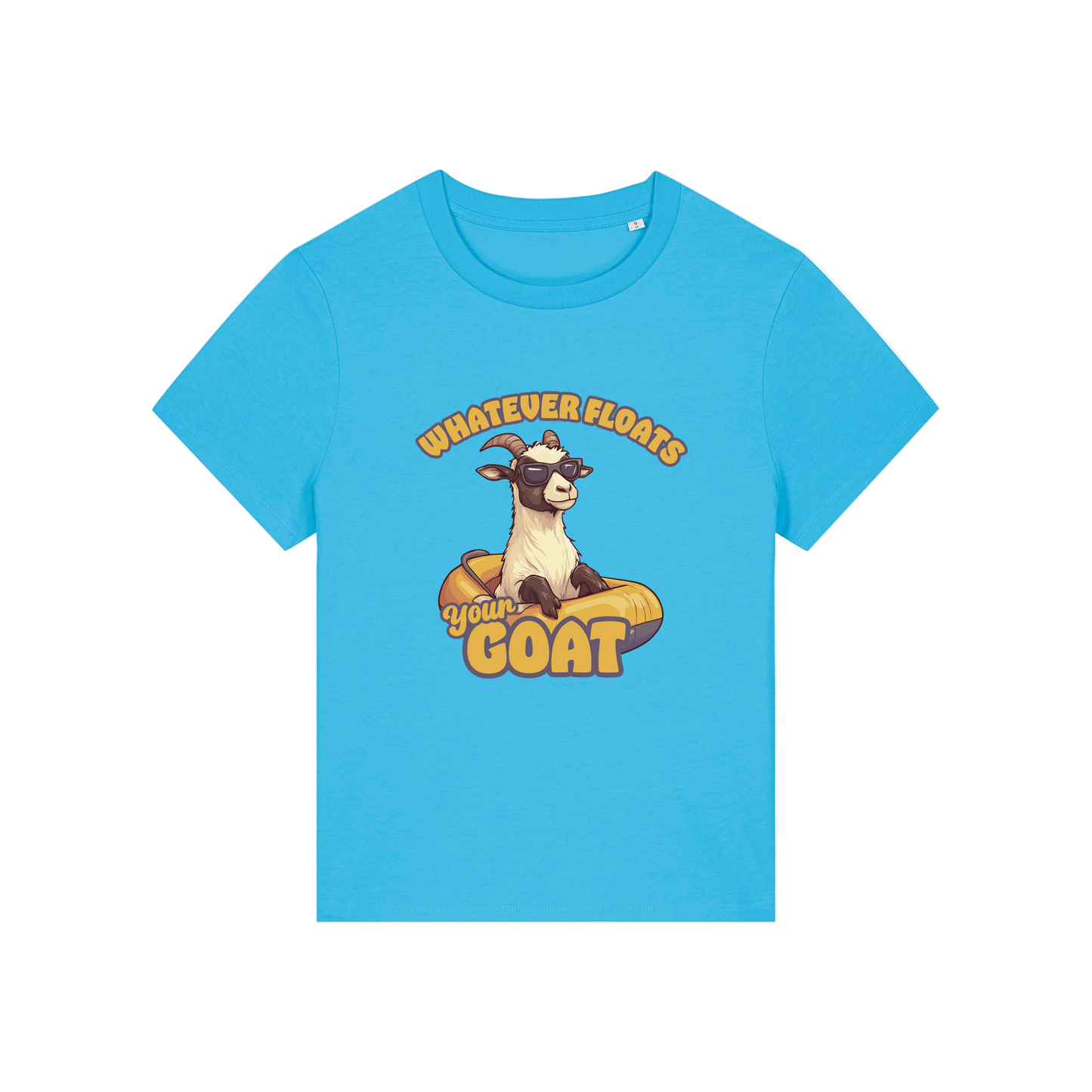 blue funny animal t-shirt with the graphic of a goat in a dinghy and the slogan 'whatever floats your goat'