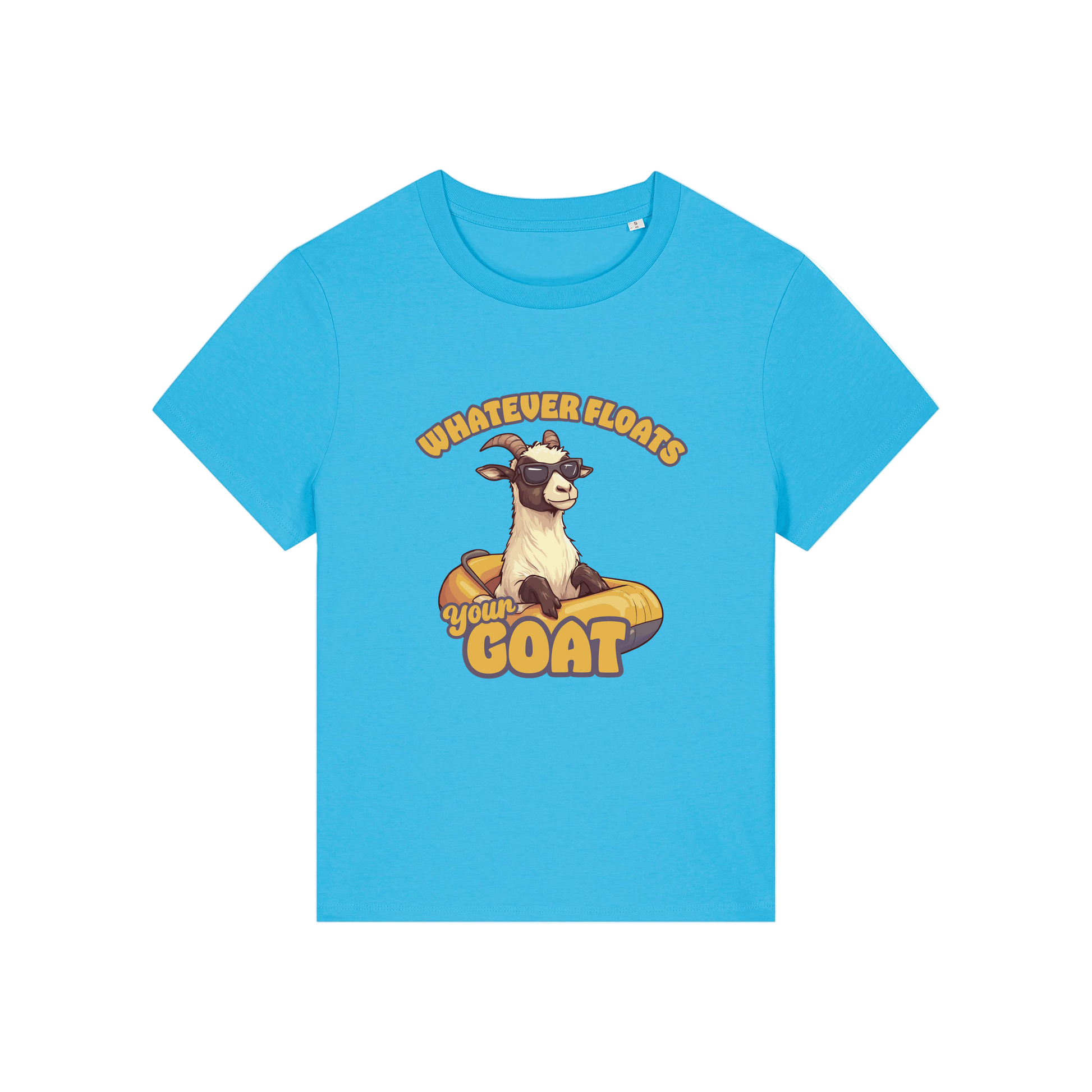 blue funny animal t-shirt with the graphic of a goat in a dinghy and the slogan 'whatever floats your goat'
