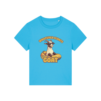 blue funny animal t-shirt with the graphic of a goat in a dinghy and the slogan 'whatever floats your goat'