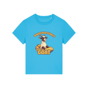 blue funny animal t-shirt with the graphic of a goat in a dinghy and the slogan 'whatever floats your goat'