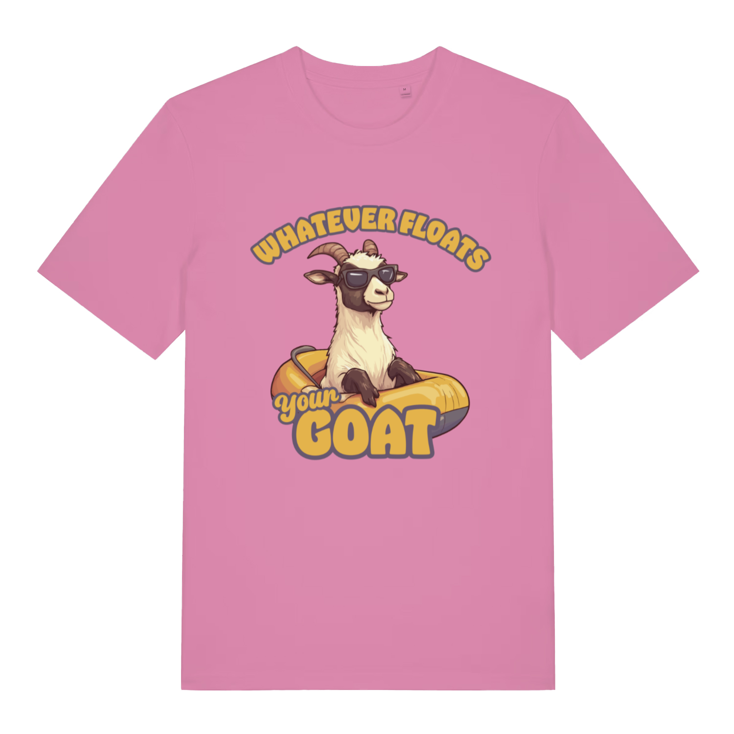 Bubble Pink women's Floats Your Goat T-shirt flat lay featuring funny "Whatever Floats Your Goat" design