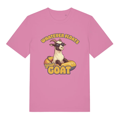 Bubble Pink women's Floats Your Goat T-shirt flat lay featuring funny "Whatever Floats Your Goat" design