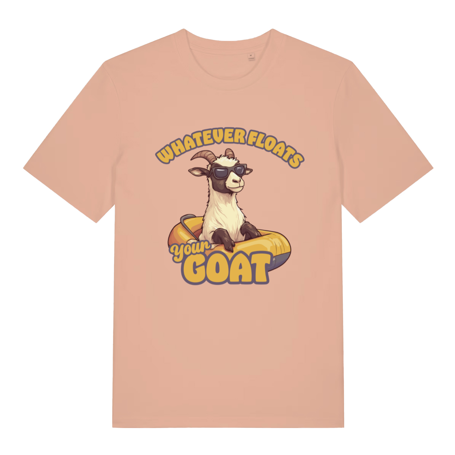 Fraiche Peche women's Floats Your Goat T-shirt flat lay showing chilled goat summer pun artwork
