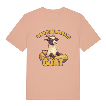 Fraiche Peche women's Floats Your Goat T-shirt flat lay showing chilled goat summer pun artwork