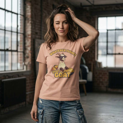 Woman with hand in hair in fraiche peche Whatever Floats Your Goat t-shirt, funny witty animal pun