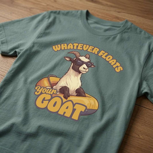 Green bay Whatever Floats Your Goat t-shirt on wood featuring goat in sunglasses, funny goat pun graphic