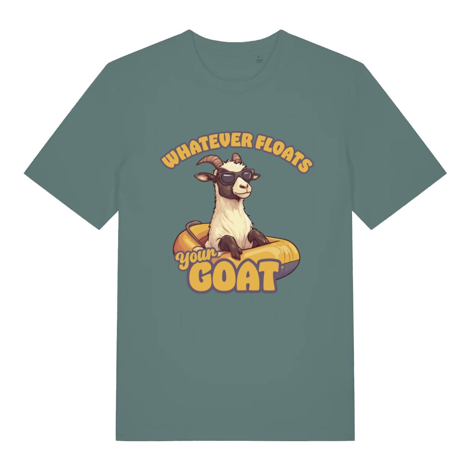 Green Bay women's Floats Your Goat T-shirt flat lay with goat wearing shades in rubber ring