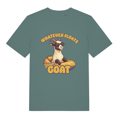 Green Bay women's Floats Your Goat T-shirt flat lay with goat wearing shades in rubber ring