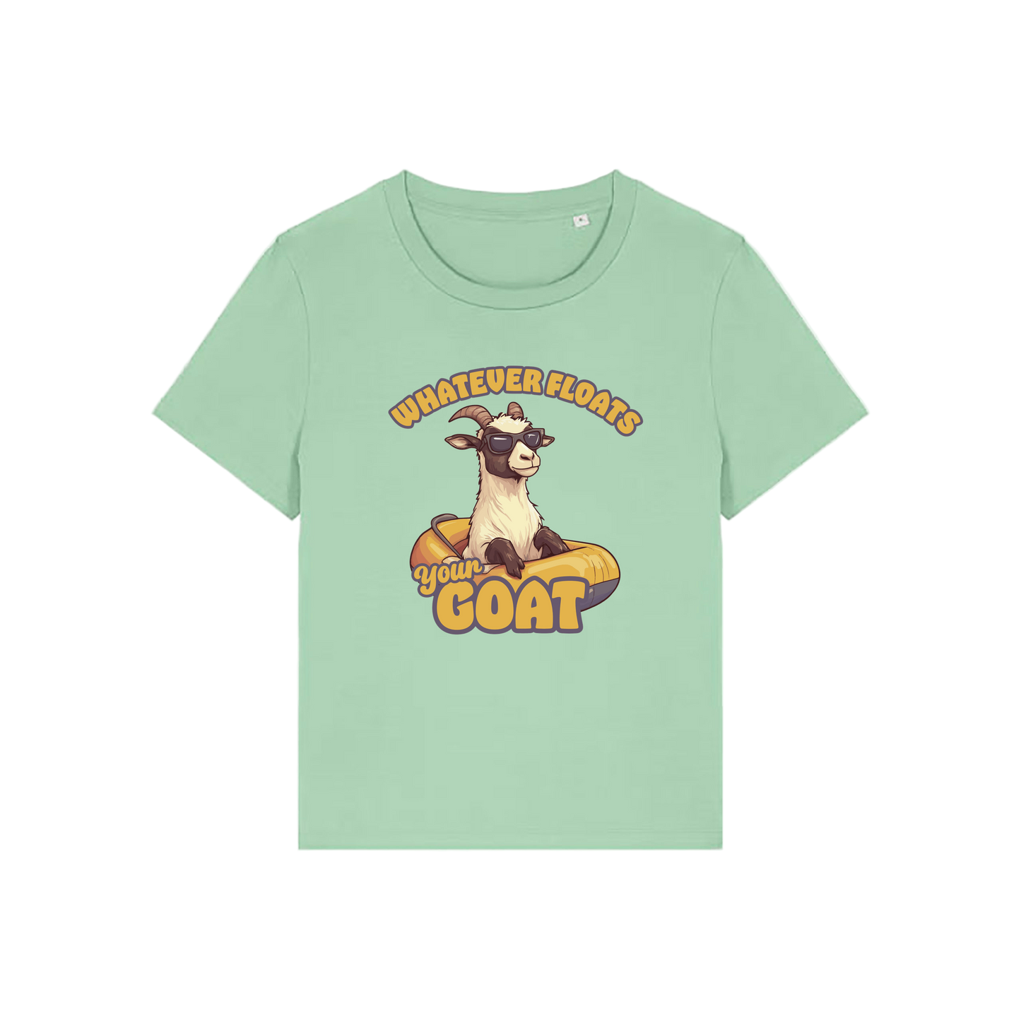 green funny animal t-shirt with the graphic of a goat in a dinghy and the slogan 'whatever floats your goat'