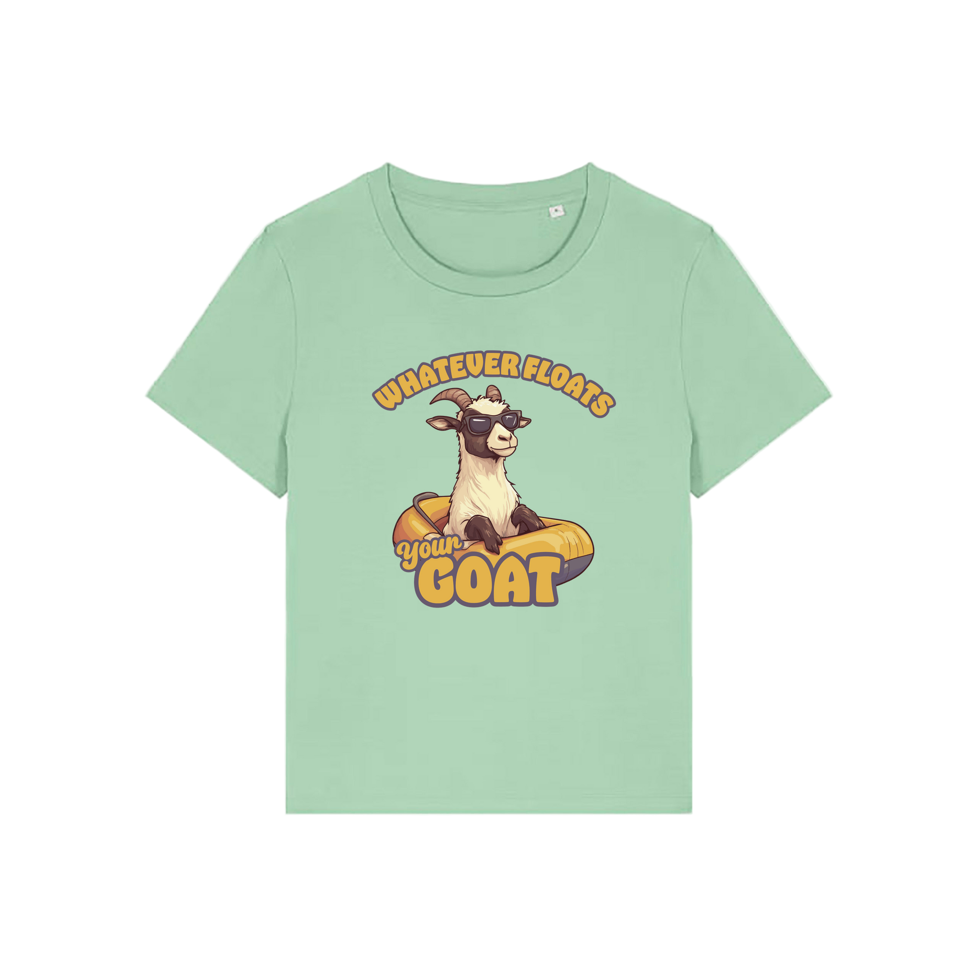 green funny animal t-shirt with the graphic of a goat in a dinghy and the slogan 'whatever floats your goat'