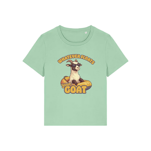 green funny animal t-shirt with the graphic of a goat in a dinghy and the slogan 'whatever floats your goat'