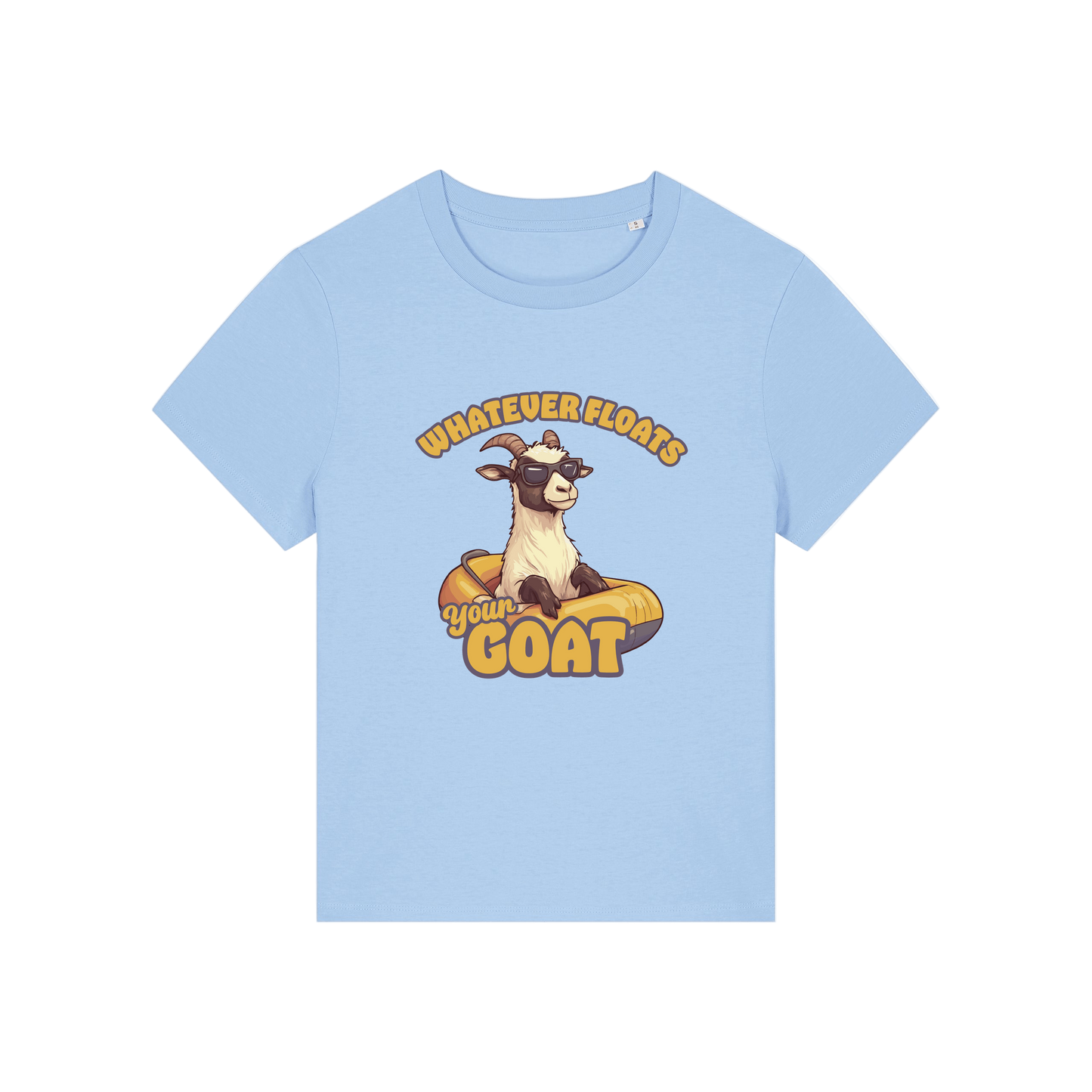 light blue funny animal t-shirt with the graphic of a goat in a dinghy and the slogan 'whatever floats your goat'