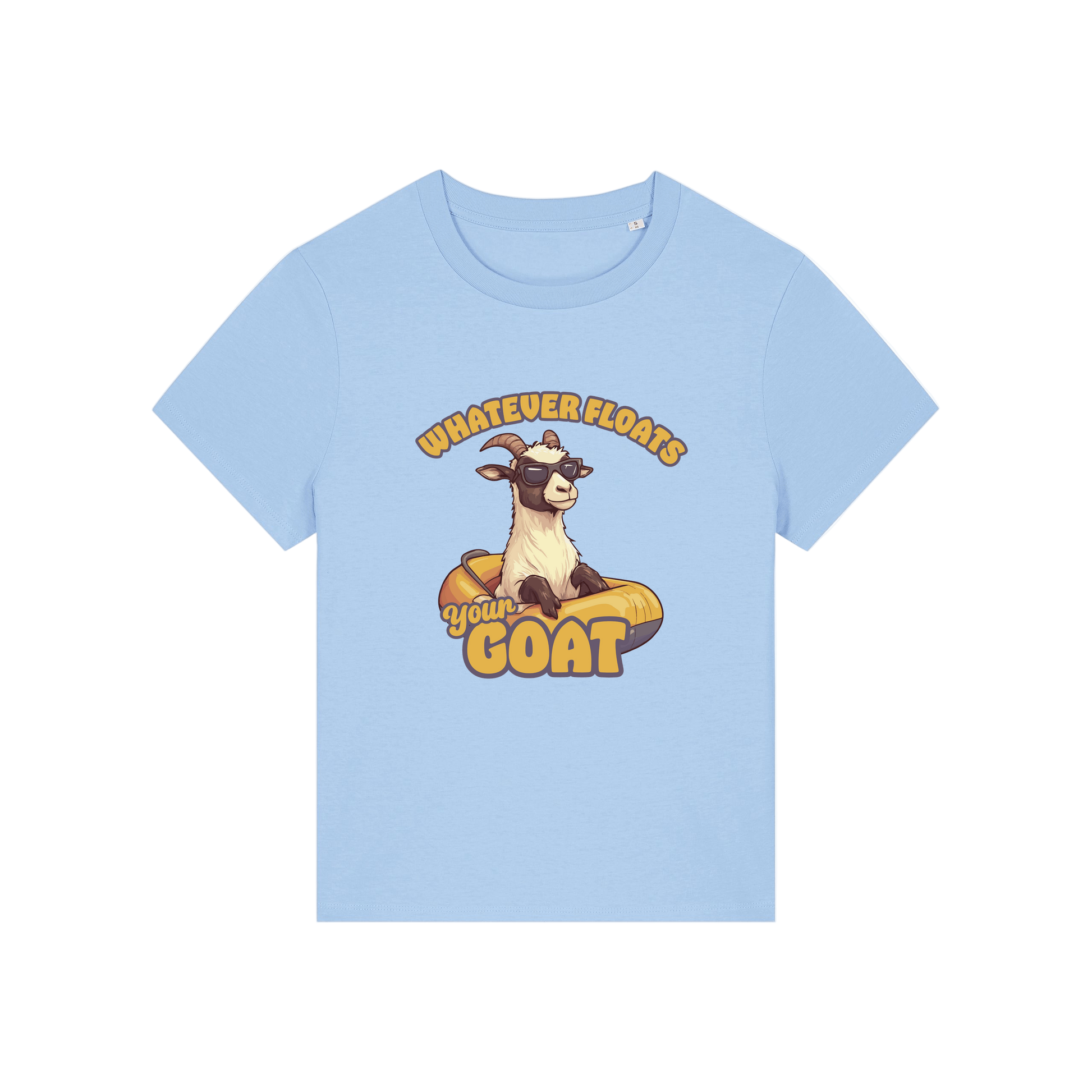 light blue funny animal t-shirt with the graphic of a goat in a dinghy and the slogan 'whatever floats your goat'