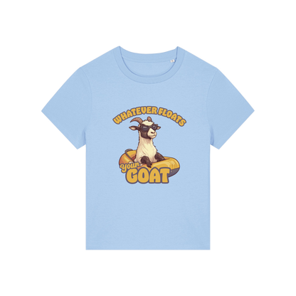 light blue funny animal t-shirt with the graphic of a goat in a dinghy and the slogan 'whatever floats your goat'