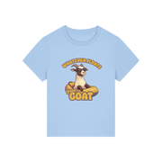 light blue funny animal t-shirt with the graphic of a goat in a dinghy and the slogan 'whatever floats your goat'