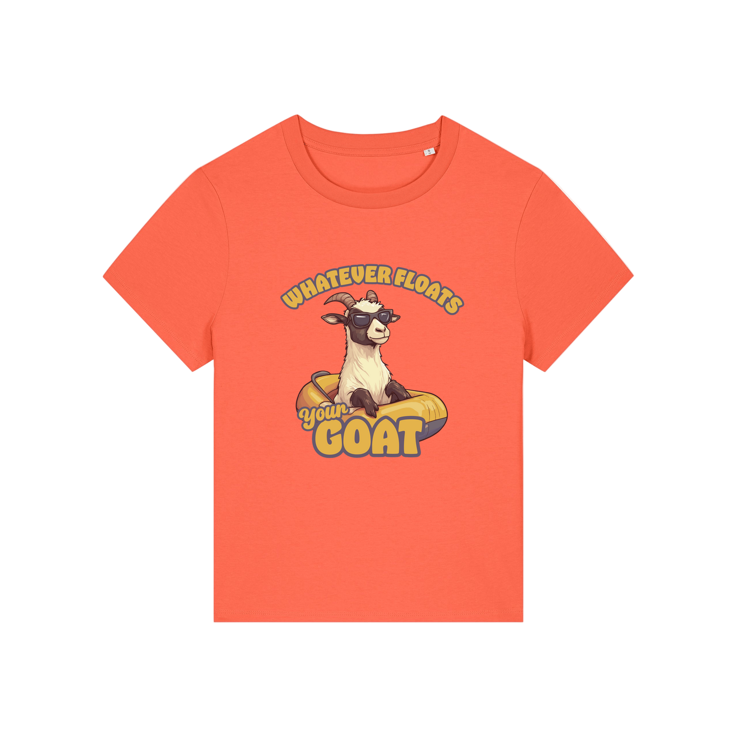 orange funny animal t-shirt with the graphic of a goat in a dinghy and the slogan 'whatever floats your goat'