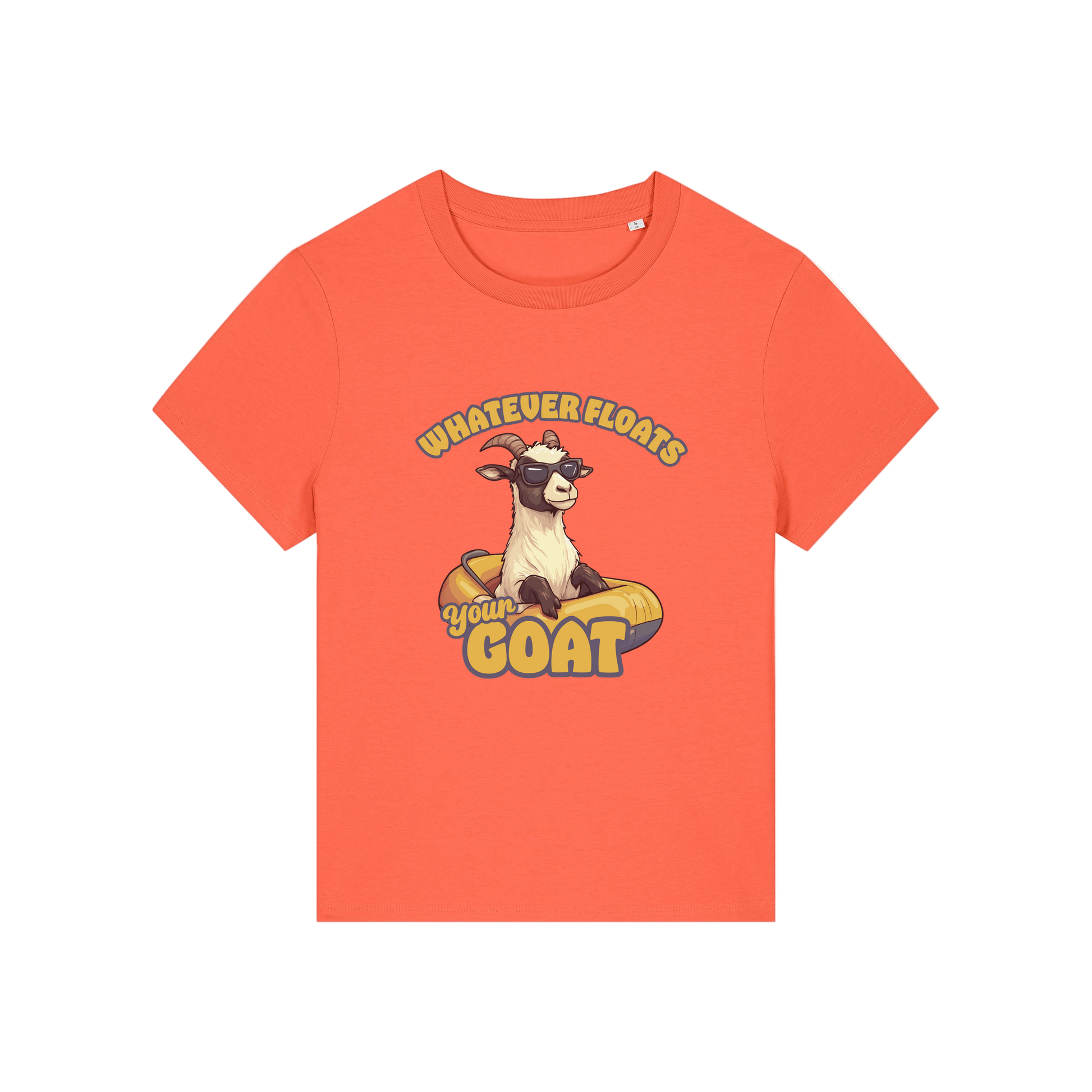 orange funny animal t-shirt with the graphic of a goat in a dinghy and the slogan 'whatever floats your goat'