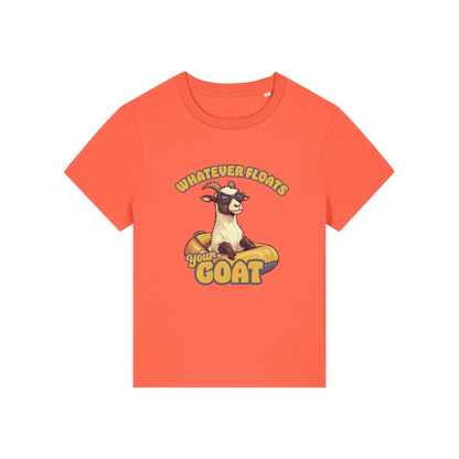 orange funny animal t-shirt with the graphic of a goat in a dinghy and the slogan 'whatever floats your goat'
