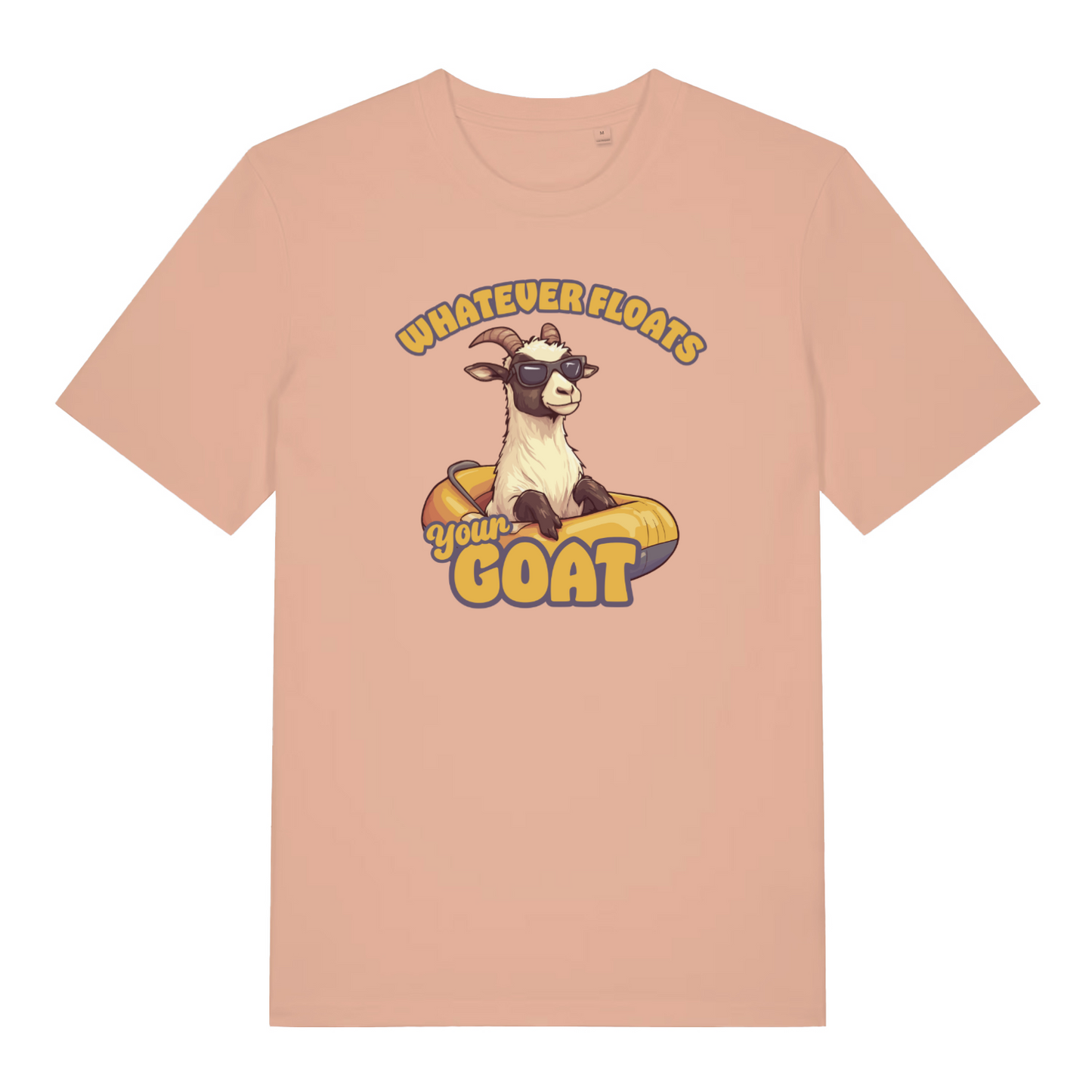 peaach women's funny animal t-shirt with the graphic of a goat in a dinghy and the slogan 'whatever floats your goat'