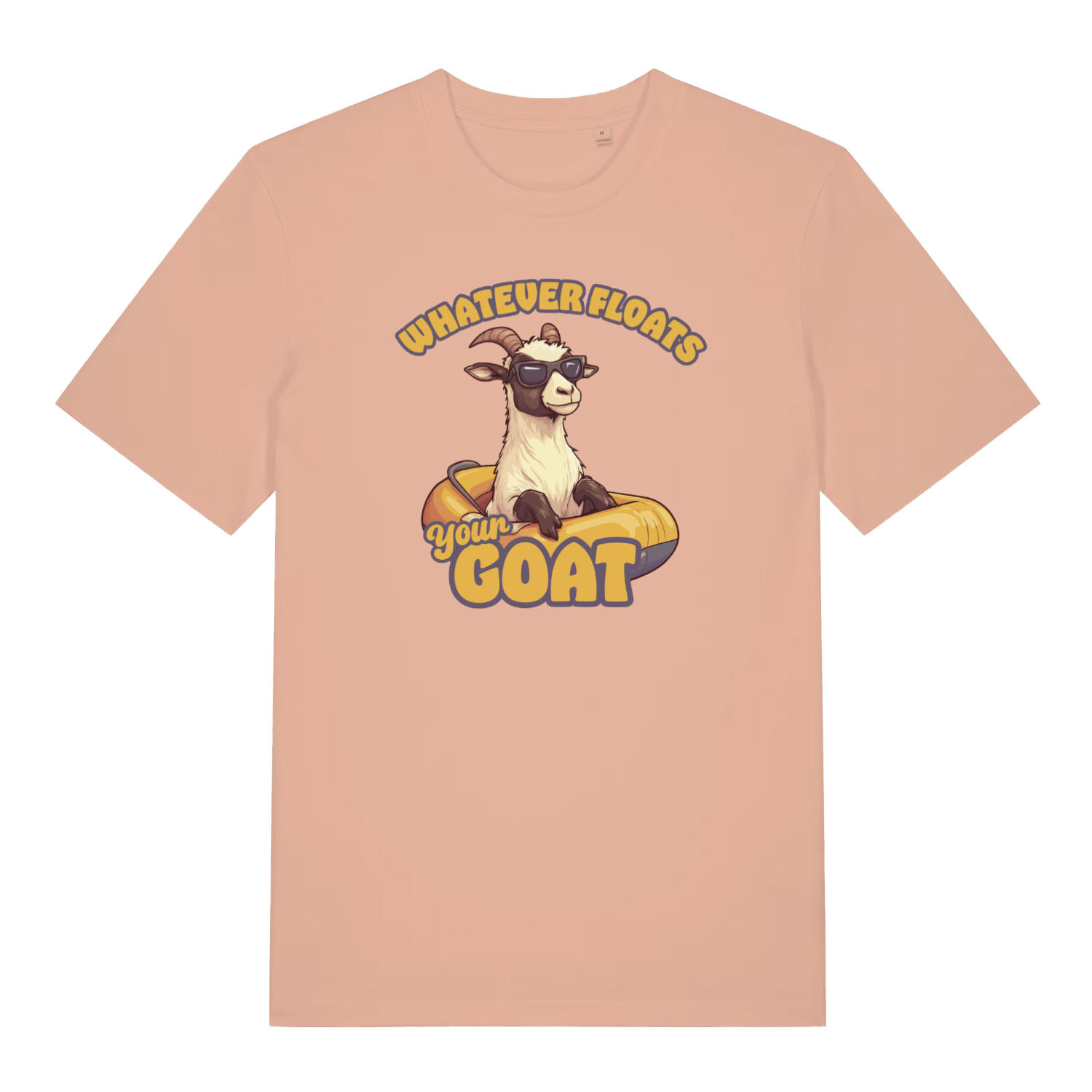 peaach women's funny animal t-shirt with the graphic of a goat in a dinghy and the slogan 'whatever floats your goat'
