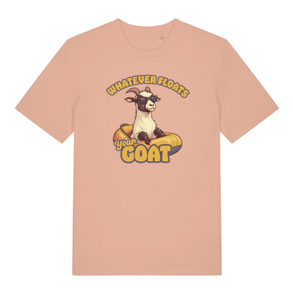peaach women's funny animal t-shirt with the graphic of a goat in a dinghy and the slogan 'whatever floats your goat'