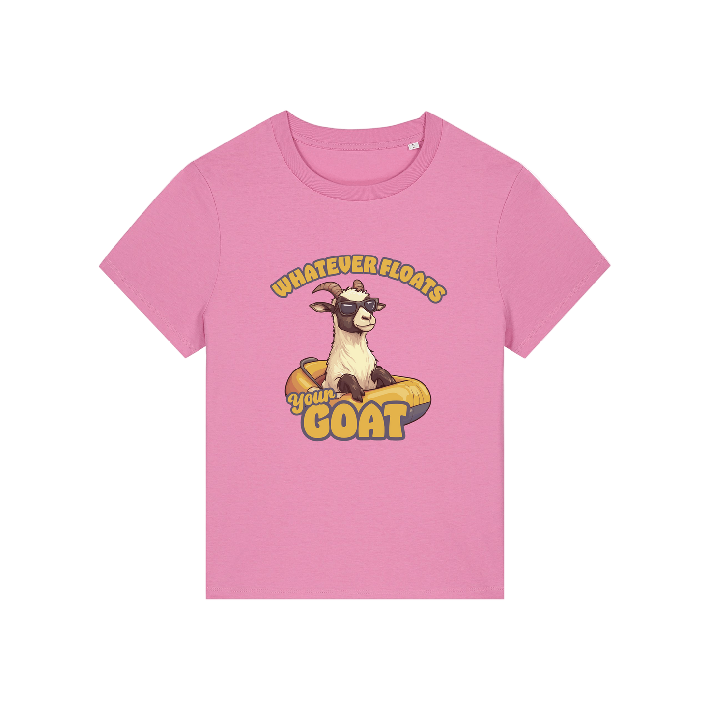 pink funny animal t-shirt with the graphic of a goat in a dinghy and the slogan 'whatever floats your goat'