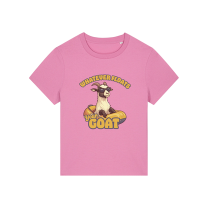 pink funny animal t-shirt with the graphic of a goat in a dinghy and the slogan 'whatever floats your goat'