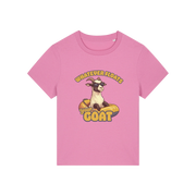 pink funny animal t-shirt with the graphic of a goat in a dinghy and the slogan 'whatever floats your goat'