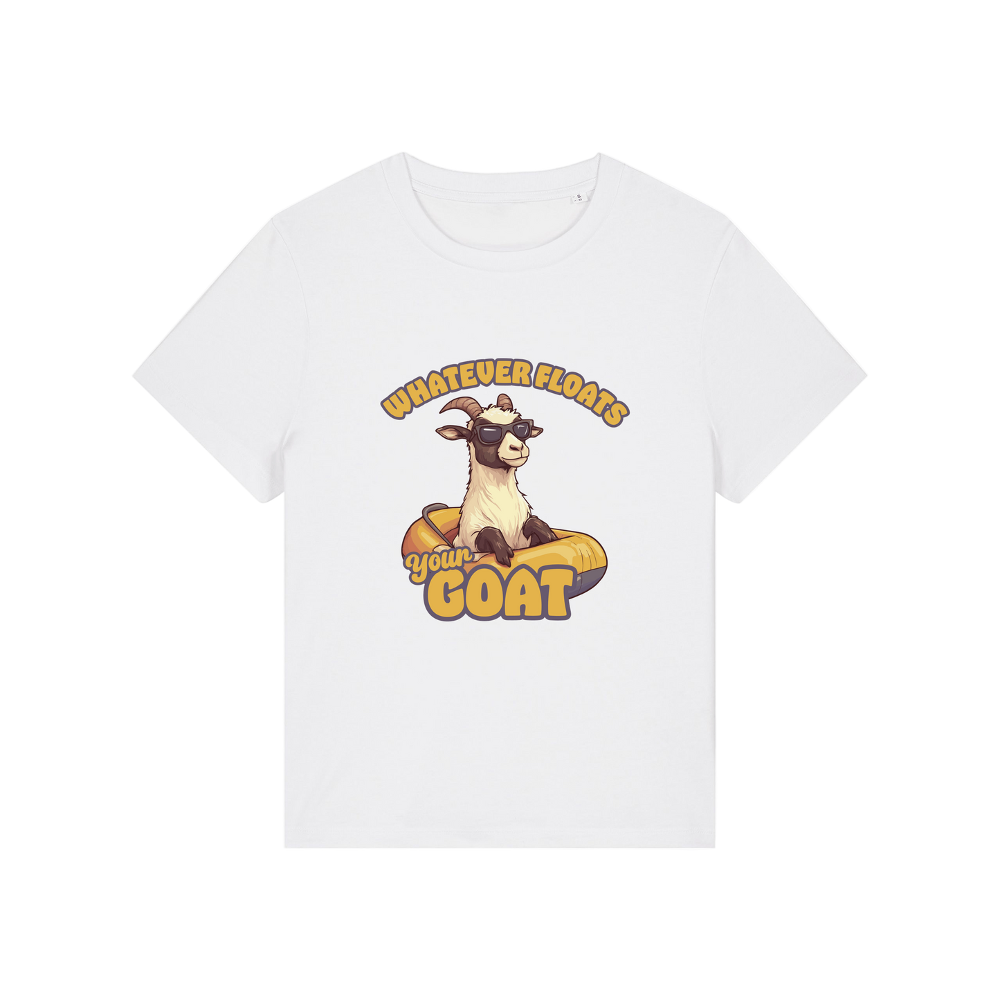 white funny animal t-shirt with the graphic of a goat in a dinghy and the slogan 'whatever floats your goat'
