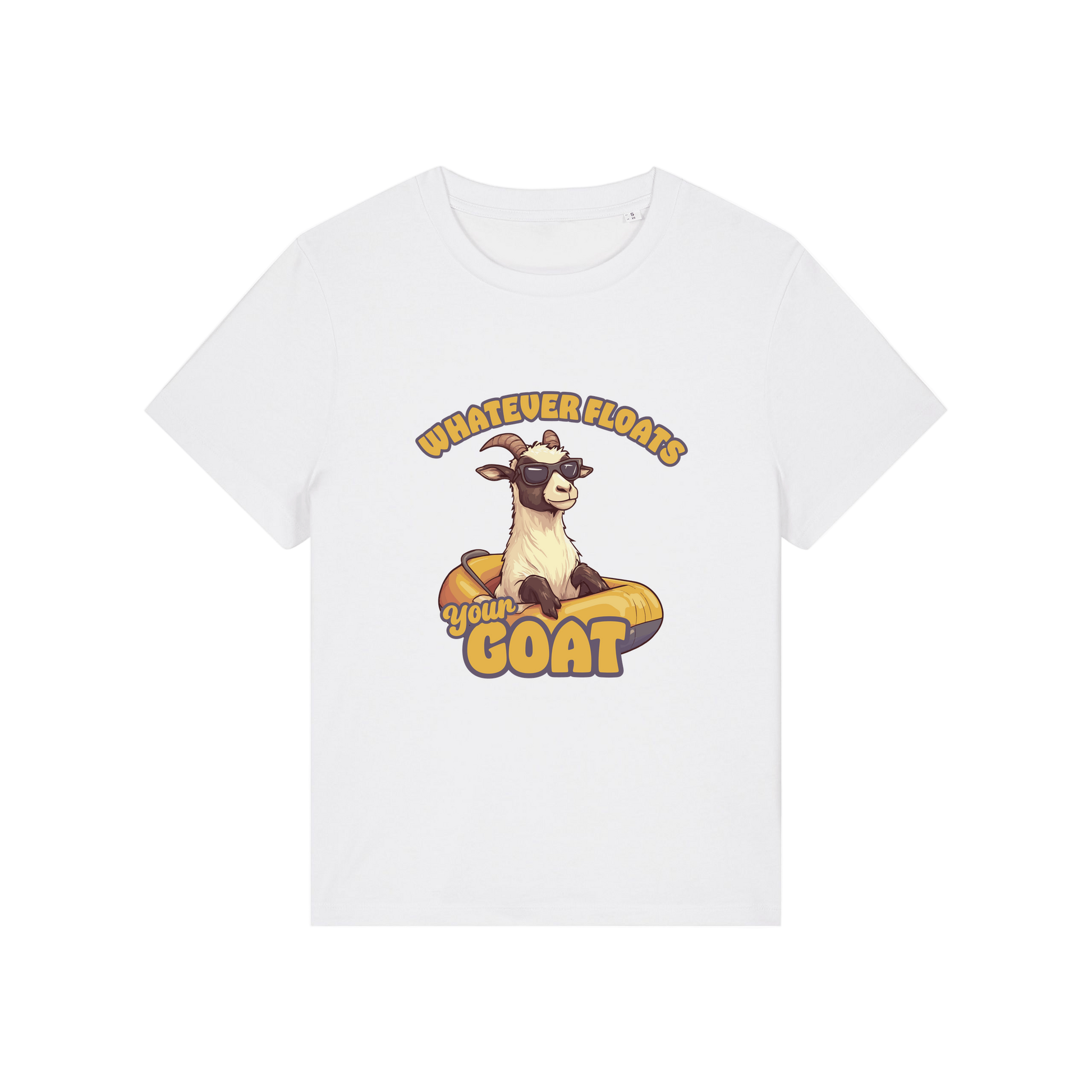 white funny animal t-shirt with the graphic of a goat in a dinghy and the slogan 'whatever floats your goat'