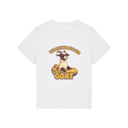 white funny animal t-shirt with the graphic of a goat in a dinghy and the slogan 'whatever floats your goat'