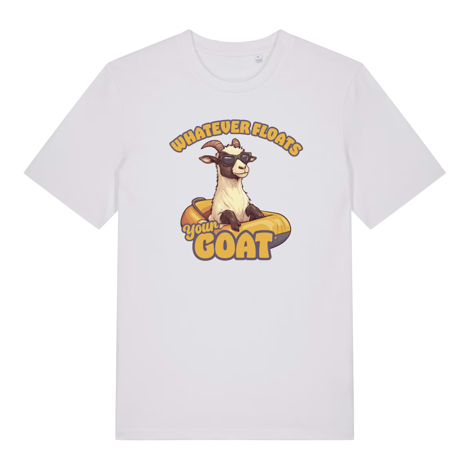 white women's funny animal t-shirt with the graphic of a goat in a dinghy and the slogan 'whatever floats your goat'