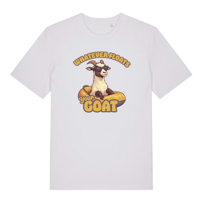 white women's funny animal t-shirt with the graphic of a goat in a dinghy and the slogan 'whatever floats your goat'