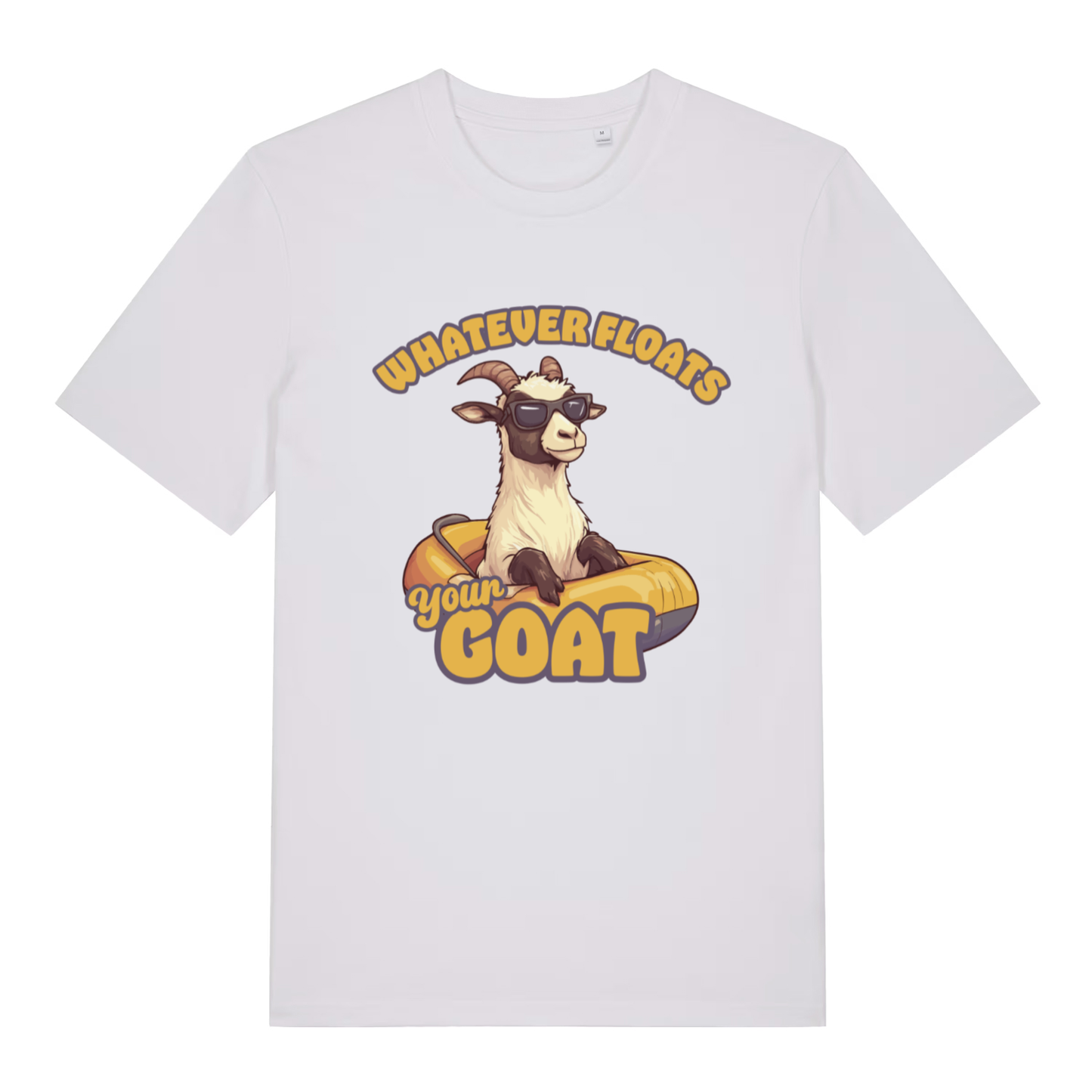 White women's Floats Your Goat T-shirt flat lay with cool goat in inner tube illustration