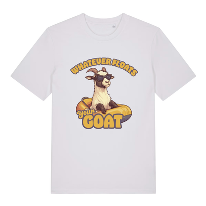 White women's Floats Your Goat T-shirt flat lay with cool goat in inner tube illustration