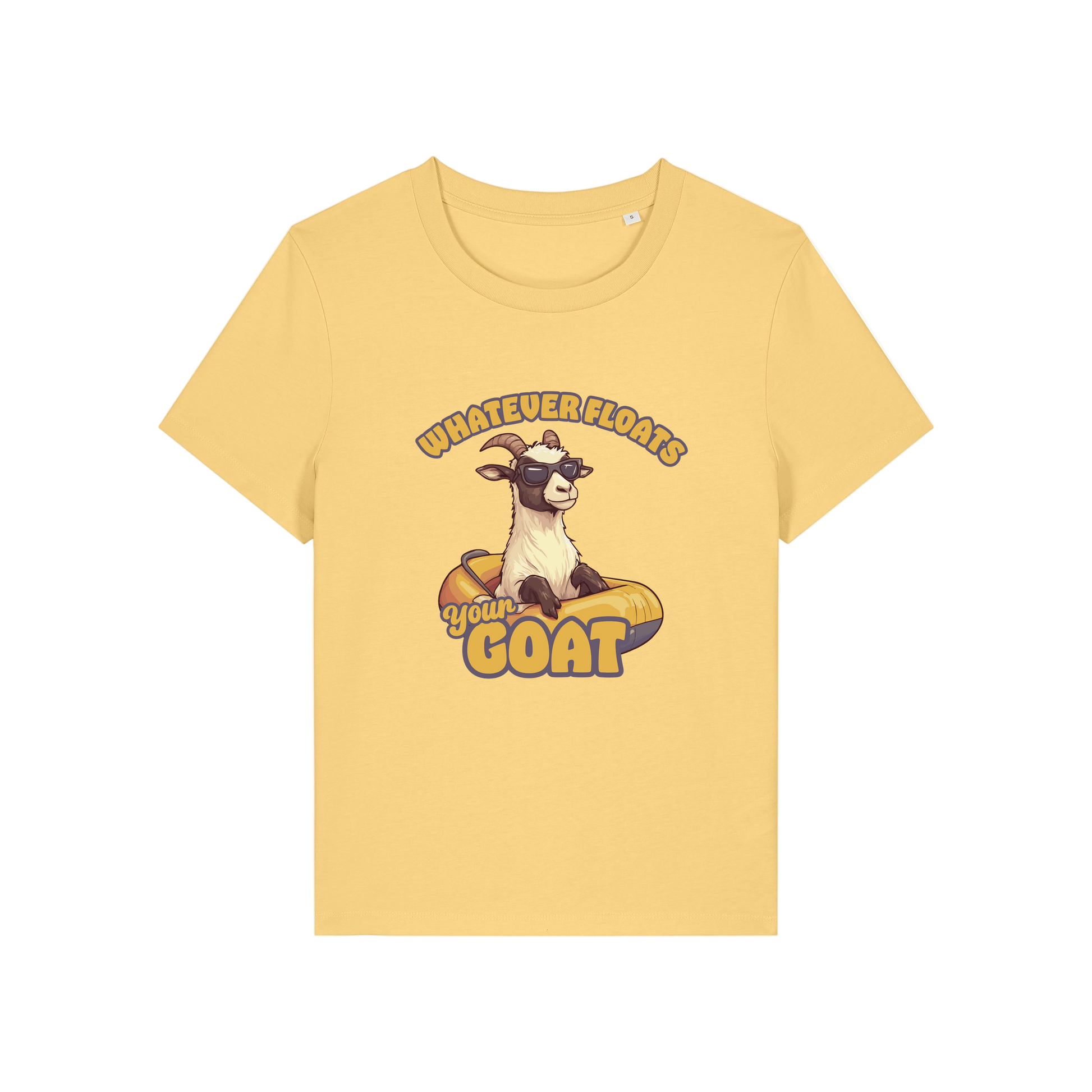 yellow funny animal t-shirt with the graphic of a goat in a dinghy and the slogan 'whatever floats your goat'
