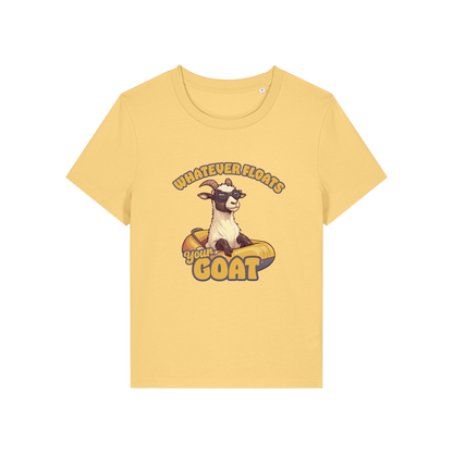 yellow funny animal t-shirt with the graphic of a goat in a dinghy and the slogan 'whatever floats your goat'