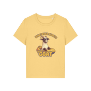 yellow funny animal t-shirt with the graphic of a goat in a dinghy and the slogan 'whatever floats your goat'