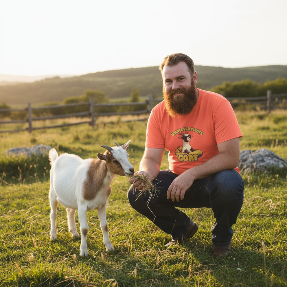 Man in an orange shirt with a beard feeding a goat in a field.