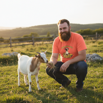 Man in an orange shirt with a beard feeding a goat in a field.