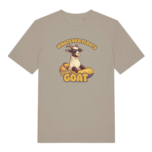 stone funny animal t-shirt with the graphic of a goat in a dinghy and the slogan 'whatever floats your goat'
