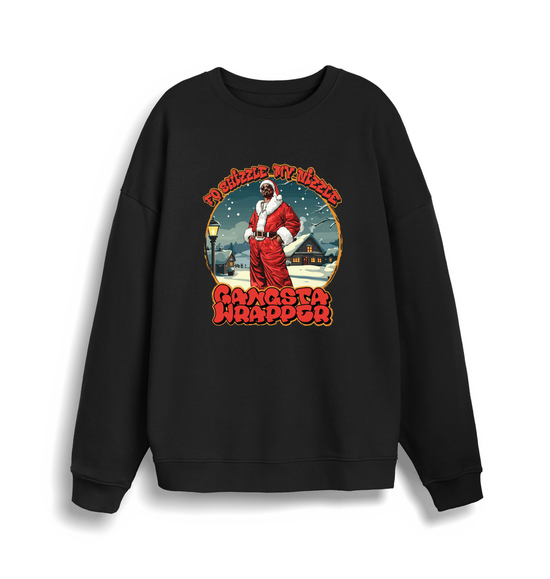 black christmas sweater with the graphic of snoop dogg in a santa outfit and the slogan 'fo shizzle my nizzle gangster wrapper'