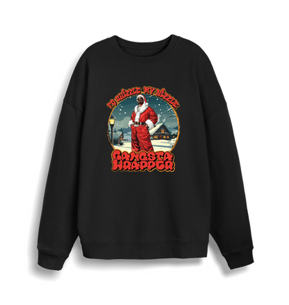 black christmas sweater with the graphic of snoop dogg in a santa outfit and the slogan 'fo shizzle my nizzle gangster wrapper'