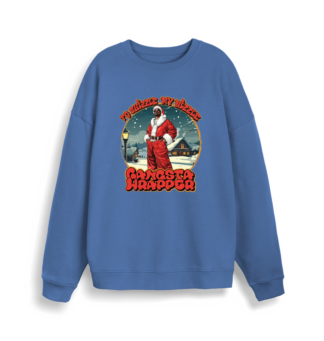 blue christmas sweater with the graphic of snoop dogg in a santa outfit and the slogan 'fo shizzle my nizzle gangster wrapper'