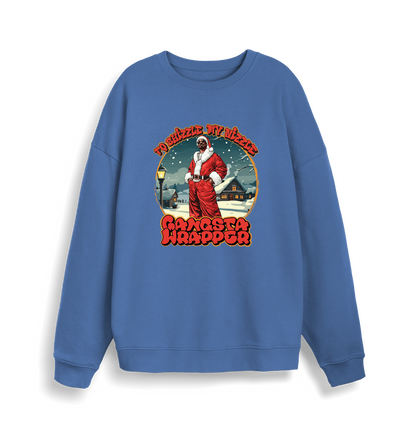 blue christmas sweater with the graphic of snoop dogg in a santa outfit and the slogan 'fo shizzle my nizzle gangster wrapper'