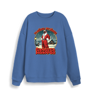 blue christmas sweater with the graphic of snoop dogg in a santa outfit and the slogan 'fo shizzle my nizzle gangster wrapper'
