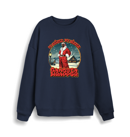 navy christmas sweater with the graphic of snoop dogg in a santa outfit and the slogan 'fo shizzle my nizzle gangster wrapper'