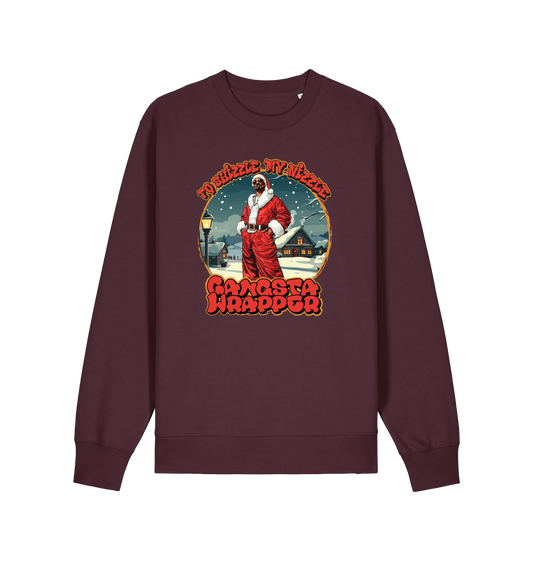 red brown christmas sweater with the graphic of snoop dogg in a santa outfit and the slogan 'fo shizzle my nizzle gangster wrapper'